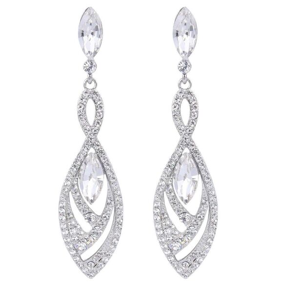 Silver with White Diamond Austrian Crystal Twisted Chandelier Post Back Earrings - Picture 1 of 5